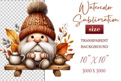 Discover a cozy autumn mood with this cute gnome holding a cup of coffee. Perfect for fall designs, scrapbooking and coffee lovers. PNG with transparent background.