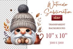 Discover a cozy autumn mood with this cute gnome holding a cup of coffee. Perfect for fall designs, scrapbooking and coffee lovers. PNG with transparent background.