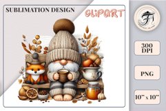 Discover a cozy autumn mood with this cute gnome holding a cup of coffee. Perfect for fall designs, scrapbooking and coffee lovers. PNG with transparent background.