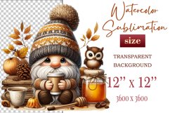 Discover a cozy autumn mood with this cute gnome holding a cup of coffee. Perfect for fall designs, scrapbooking and coffee lovers. PNG with transparent background.
