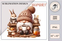 Discover a cozy autumn mood with this cute gnome holding a cup of coffee. Perfect for fall designs, scrapbooking and coffee lovers. PNG with transparent background.