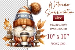 Discover a cozy autumn mood with this cute gnome holding a cup of coffee. Perfect for fall designs, scrapbooking and coffee lovers. PNG with transparent background.