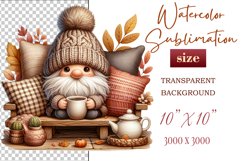 Discover a cozy autumn mood with this cute gnome holding a cup of coffee. Perfect for fall designs, scrapbooking and coffee lovers. PNG with transparent background.