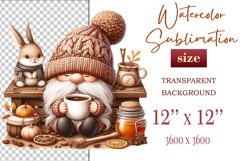 Discover a cozy autumn mood with this cute gnome holding a cup of coffee. Perfect for fall designs, scrapbooking and coffee lovers. PNG with transparent background.