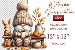 Discover a cozy autumn mood with this cute gnome holding a cup of coffee. Perfect for fall designs, scrapbooking and coffee lovers. PNG with transparent background.