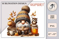 Discover a cozy autumn mood with this cute gnome holding a cup of coffee. Perfect for fall designs, scrapbooking and coffee lovers. PNG with transparent background.