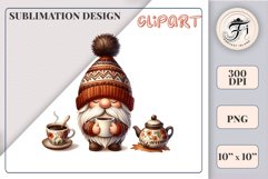 Discover a cozy autumn mood with this cute gnome holding a cup of coffee. Perfect for fall designs, scrapbooking and coffee lovers. PNG with transparent background.