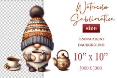 Discover a cozy autumn mood with this cute gnome holding a cup of coffee. Perfect for fall designs, scrapbooking and coffee lovers. PNG with transparent background.