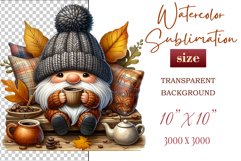Discover a cozy autumn mood with this cute gnome holding a cup of coffee. Perfect for fall designs, scrapbooking and coffee lovers. PNG with transparent background.
