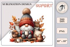Discover a cozy autumn mood with this cute gnome holding a cup of coffee. Perfect for fall designs, scrapbooking and coffee lovers. PNG with transparent background.