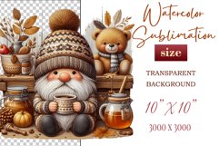 Discover a cozy autumn mood with this cute gnome holding a cup of coffee. Perfect for fall designs, scrapbooking and coffee lovers. PNG with transparent background.