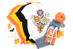 Halloween floral PNG design featuring pastel daisy flowers with skull faces, floating ghost blooms, olive greenery, and an orange ribbon tied bouquet.