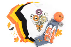 Halloween floral PNG design featuring pastel daisy flowers with skull faces, floating ghost blooms, olive greenery, and an orange ribbon tied bouquet.