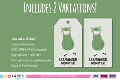 Close-up of green llama monster tag for Halloween treat bags and party favors.