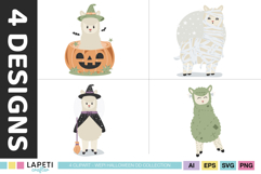 Kawaii Halloween llama clipart set designed for kids party invitations scrapbooking and printable crafts