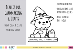 Halloween digital stamp of kawaii cat witch with phrase “Witching You a Happy Day”, outline clipart PNG.