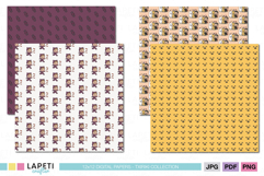 Halloween digital papers featuring chibi kids, ghosts, candy, and smiling pumpkins in warm tones.