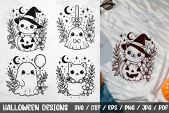 Adorable Halloween SVG with a cute witch cat in a pumpkin, smiling ghost with balloon, witch broom with bow, and kitten in cauldron. Perfect for Cricut and Silhouette projects, kids’ Halloween crafts, shirts, mugs, stickers, and decorations.