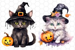 Cute Halloween Cat Watercolor Cliparts