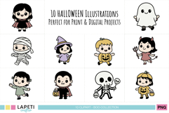 Collection of 10 Halloween children illustrations in kawaii style, perfect for digital and print projects.