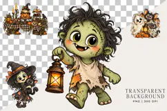 Whimsical Halloween clipart bundle featuring watercolor ghosts, pumpkins, witches, black cats, skeletons, bats, haunted houses and spooky elements on transparent backgrounds.