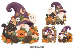 Four cute Halloween PNG illustrations featuring a bearded character with a purple witch hat, smiling pumpkins, black cat and friendly ghost.