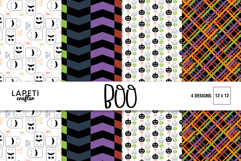 Four colorful Halloween digital papers with ghosts, pumpkins, chevrons and plaid patterns