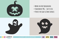 Set of cute ghost and pumpkin black silhouettes on pastel backgrounds in green, beige, and blue, ideal for Halloween crafts and prints.