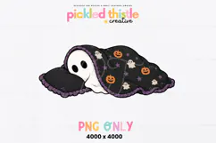 Spooky season digital design with a white ghost peeking from under a black Halloween blanket and matching black pillow.