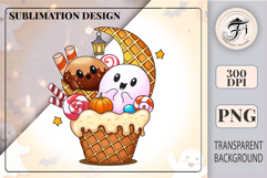 Cute Halloween clipart with a smiling ghost, chocolate ice cream, pumpkin, candies, and waffle cone. Perfect for sublimation, stickers, scrapbooking, and Halloween party designs.