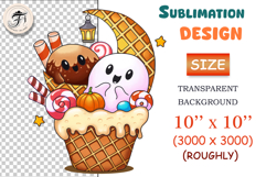 Cute Halloween clipart with a smiling ghost, chocolate ice cream, pumpkin, candies, and waffle cone. Perfect for sublimation, stickers, scrapbooking, and Halloween party designs.