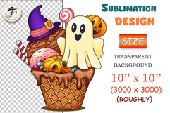 Cute Halloween ghost ice cream in waffle cup with chocolate glaze, candies, lantern and pumpkin. Spooky kawaii PNG for sublimation, stickers, cards, t-shirts and crafts.