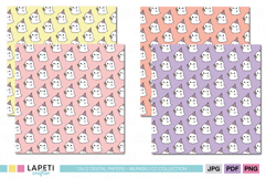 Set of four pastel Halloween ghost digital papers in pink, yellow, orange, and lavender, perfect for scrapbooking, invitations, and crafts.