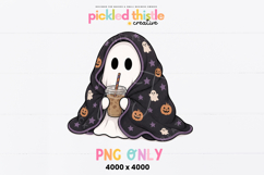 Cute Halloween sublimation PNG with soft illustrated texture, cozy ghost character, iced coffee, and spooky patterned blanket details.