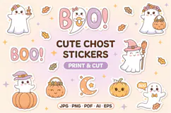 Cute Halloween ghost stickers featuring adorable pastel ghosts, smiling pumpkins, witch hats, autumn leaves and BOO lettering in pink, lavender and orange. Printable Halloween sticker bundle for kids, planners, scrapbooking and DIY crafts.
