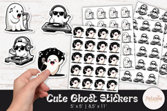Printable PNG Halloween DJ ghost stickers with sunglasses and headphones, fun cartoon design sheets for planners, scrapbooking, and party favors by Petunia Digital Design