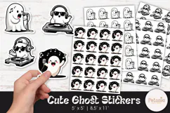 Printable PNG Halloween DJ ghost stickers with sunglasses and headphones, fun cartoon design sheets for planners, scrapbooking, and party favors by Petunia Digital Design