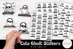 Printable PNG Halloween DJ ghost stickers with sunglasses and headphones, fun cartoon design sheets for planners, scrapbooking, and party favors by Petunia Digital Design