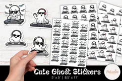Printable PNG Halloween DJ ghost stickers with sunglasses and headphones, fun cartoon design sheets for planners, scrapbooking, and party favors by Petunia Digital Design