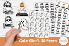 Printable PNG Halloween DJ ghost stickers with sunglasses and headphones, fun cartoon design sheets for planners, scrapbooking, and party favors by Petunia Digital Design