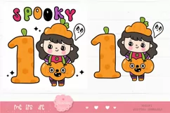 Number one Cute girl halloween kawaii clipart spooky cartoon Product Image 2