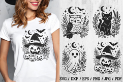 Halloween animals SVG—pumpkin, owl, black cat, floral ghost, witch hat, stars, bats, autumn shirt design.
