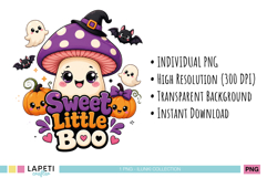 Kawaii Halloween design with ghosts, bats and pumpkins.