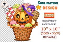 Cute Halloween clipart with smiling pumpkin in witch hat, ice cream scoops, wafer cup and candy. Perfect for sublimation, stickers, scrapbooking and spooky cute Halloween crafts.