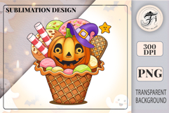 Cute Halloween clipart with smiling pumpkin in witch hat, ice cream scoops, wafer cup and candy. Perfect for sublimation, stickers, scrapbooking and spooky cute Halloween crafts.