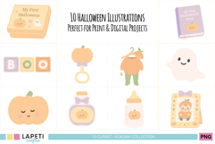 Set of 10 pastel Halloween illustrations for scrapbooking projects