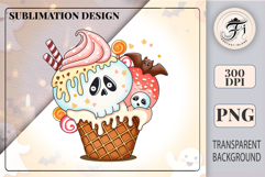Cute Halloween clipart of a skull ice cream with whipped topping, candies, bat and waffle cone. Perfect spooky cute sublimation PNG for stickers, scrapbooking, and Halloween crafts.