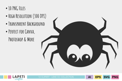 Cute Halloween spider black silhouette with big eyes, high-resolution PNG format, transparent background, and minimalist presentation.
