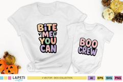 Halloween quotes SVG shown on white T-shirt and baby onesie, featuring Boo Crew and Bite Me If You Can designs in pastel colors.