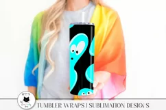girl holding a tumbler with funny blue monster illustration